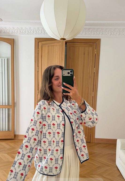 Shirt embroidery floral blue red