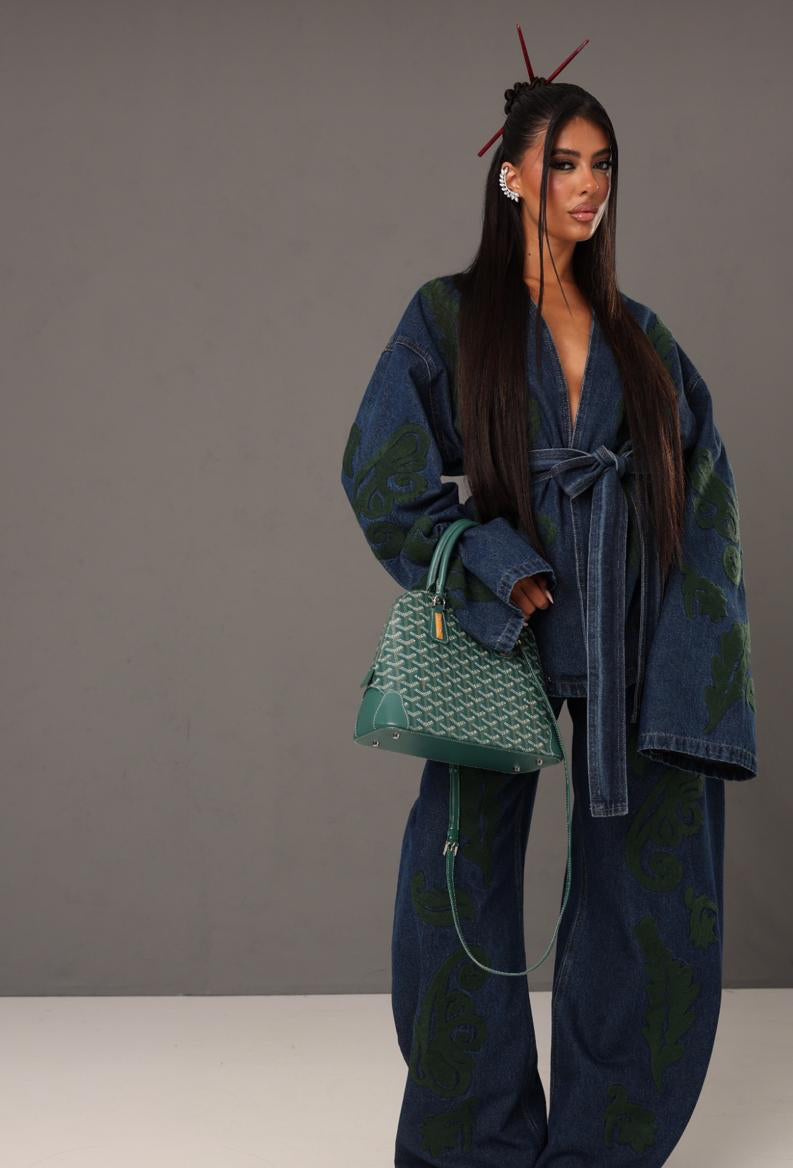 Set denim embroidery green