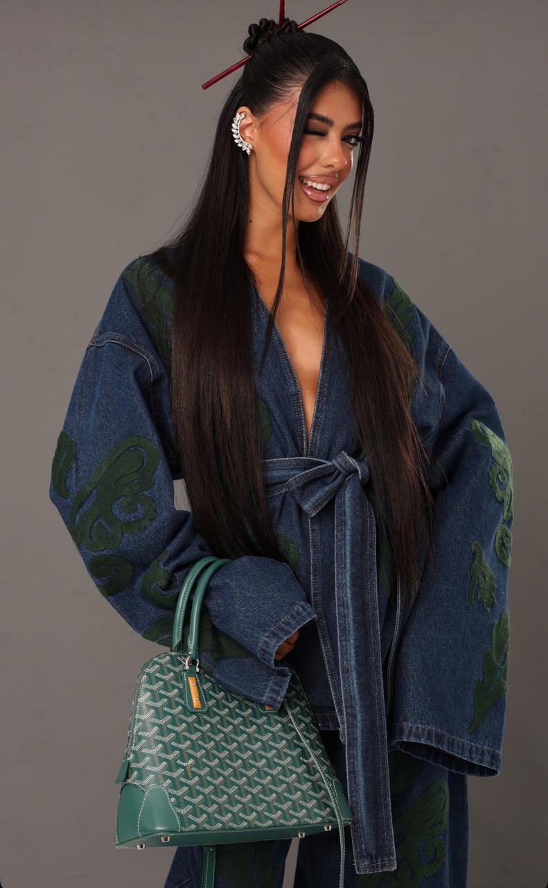 Set denim embroidery green