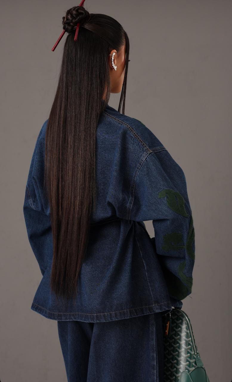 Set denim embroidery green