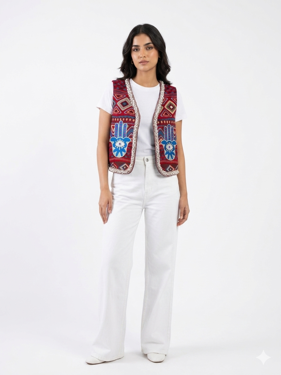 Vest handmade embroidery corner burgundy