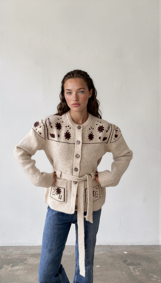 Cardigan Knit beige embroidery brown