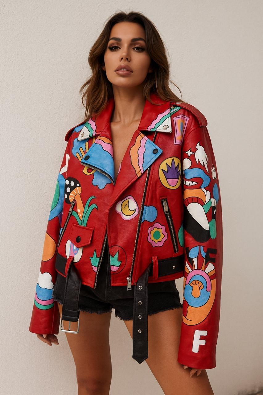 Jacket leather red patterns