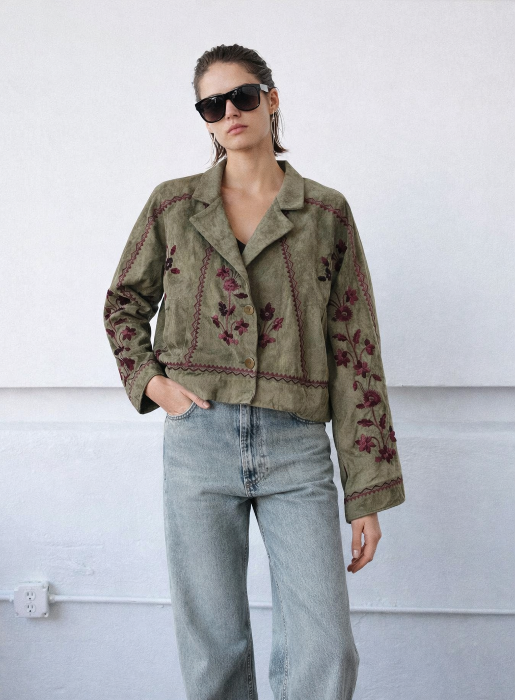 Jacket suede olive embroidery