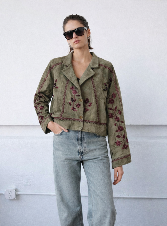 Jacket suede olive embroidery