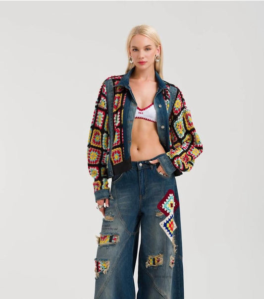 Jacket Mix Crochet Denim Multicolored Handmade