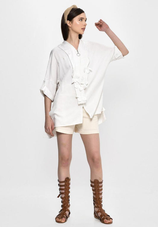 Blouse Zipper White Flower