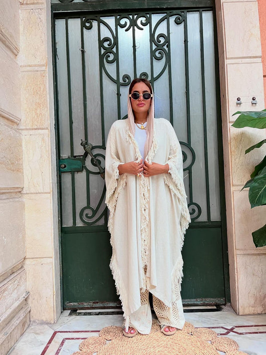 Long Cardigan Fringes Beige