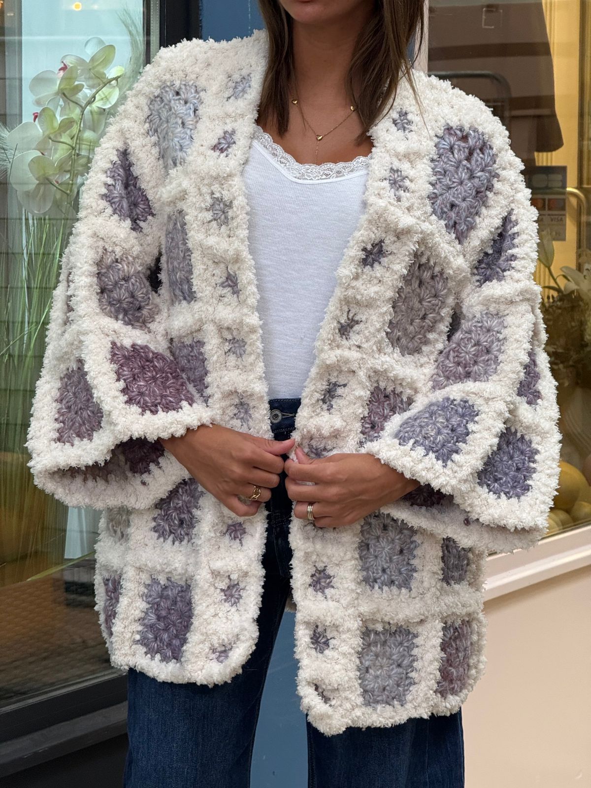 Cardigan Crochet Blue Blanc