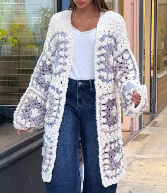 Cardigan Long Crochet Blue Blanc