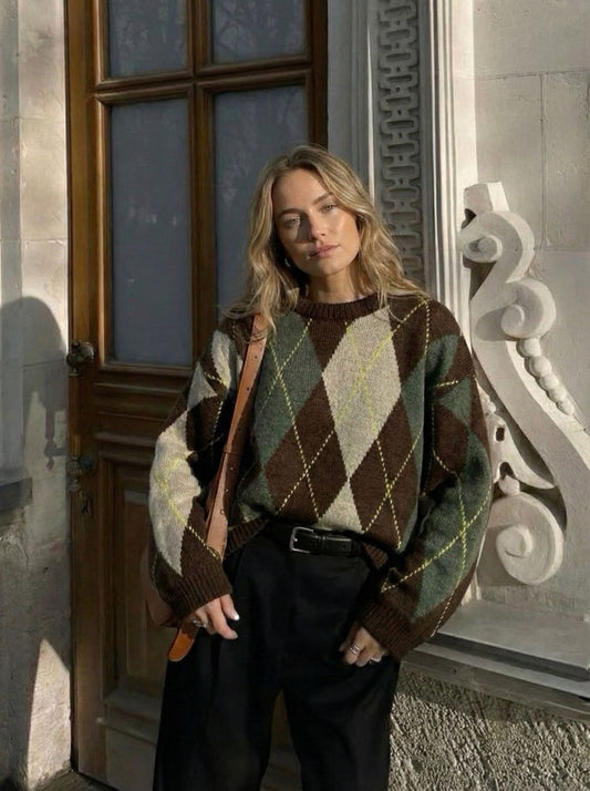 Cardigan Knit Argyle Olive