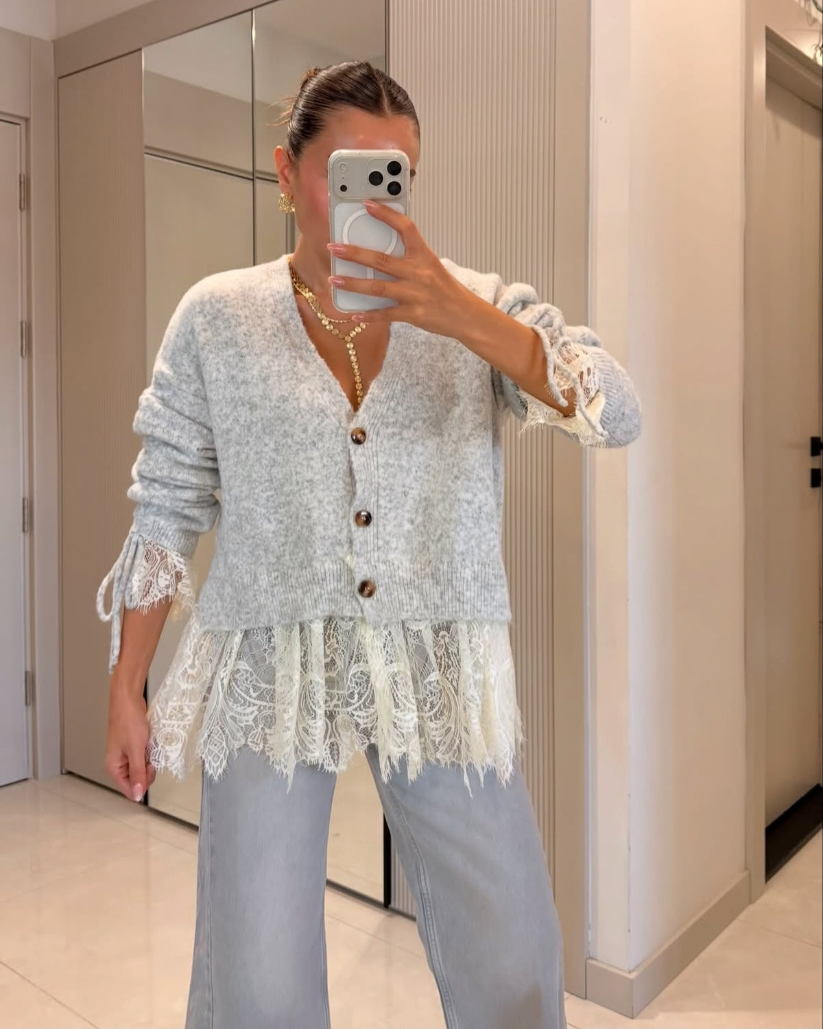 Cardigan Grey lace attached