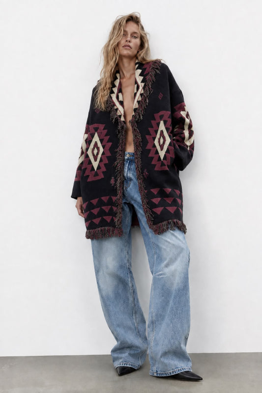 Cardigan zigzag black x burgundy