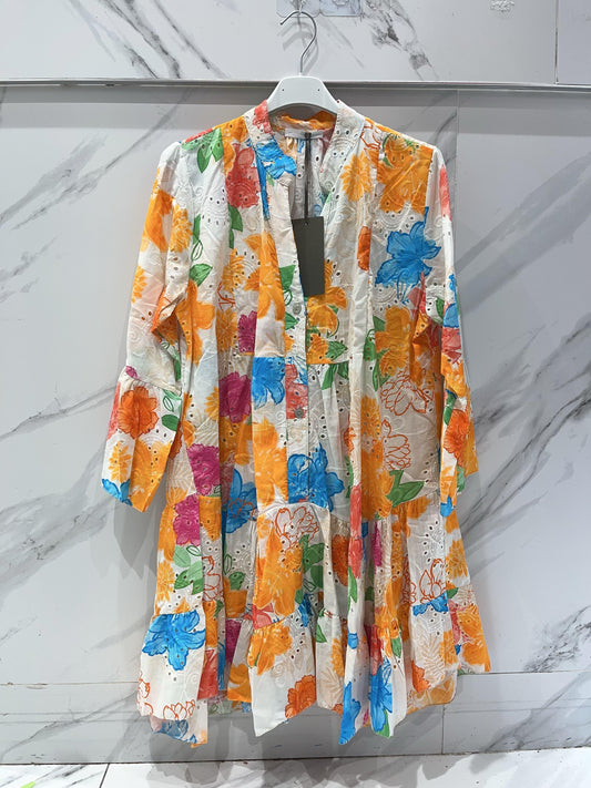 Mustard Short Dress Flowers Colorful